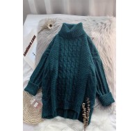 Oversized high neck  green knit tops plus size asymmetric hem crane tops