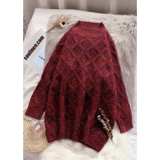 Women burgundy Sweater outfits plus size o neck thick Art  knitted tops