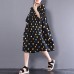 Fine pure Chiffon dress oversize Loose Short Sleeve Dots Printed Black Pleated Dress