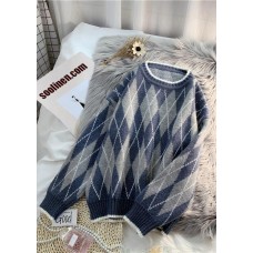 Simple dark blue Diamond printing linen tunics for women o neck Midi blouse